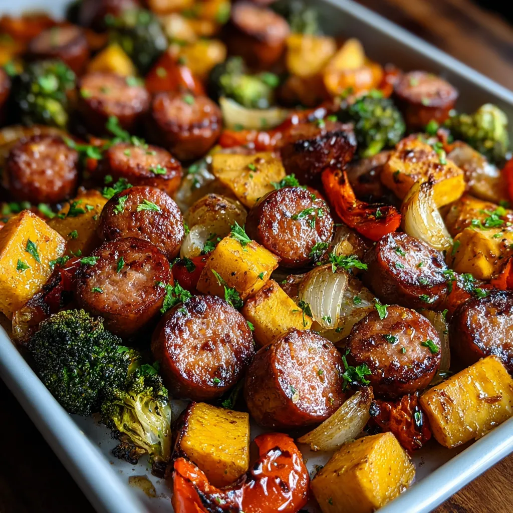 Close-up of Honey Garlic Sheet Pan Sausage featuring perfectly caramelized sausage, colorful bell peppers, and a glistening honey garlic sauce, ready to be served.