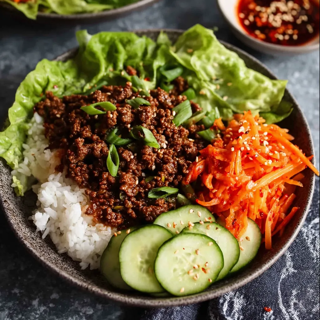 Close-up shot of flavorful Korean Ground Beef Bulgogi with sesame seeds and green onions served as part of a delicious meal.