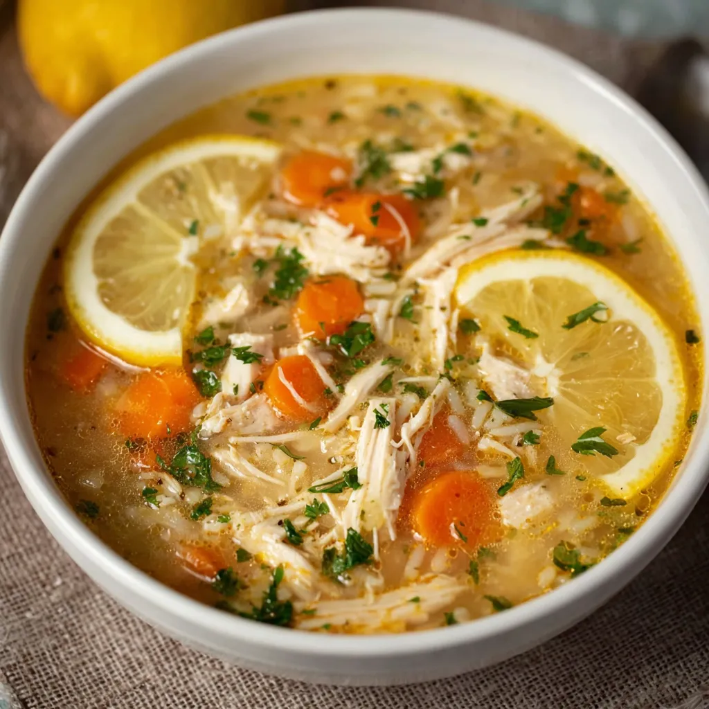 Close-up shot showcasing the flavorful broth and tender chicken in a comforting bowl of Lemon Chicken Soup.