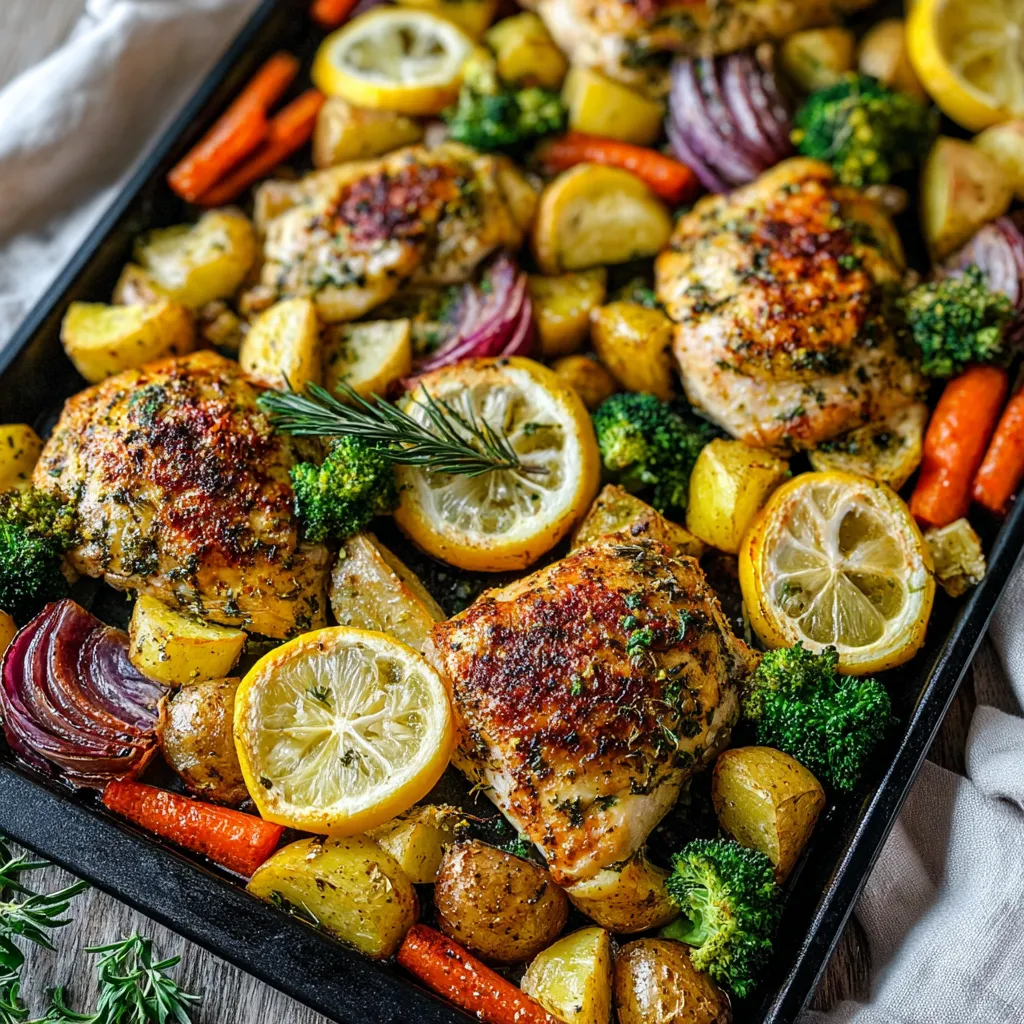 Close-up view of the prepared Lemon Herb Sheet Pan Chicken Dinner, showcasing the golden-brown chicken and roasted vegetables.