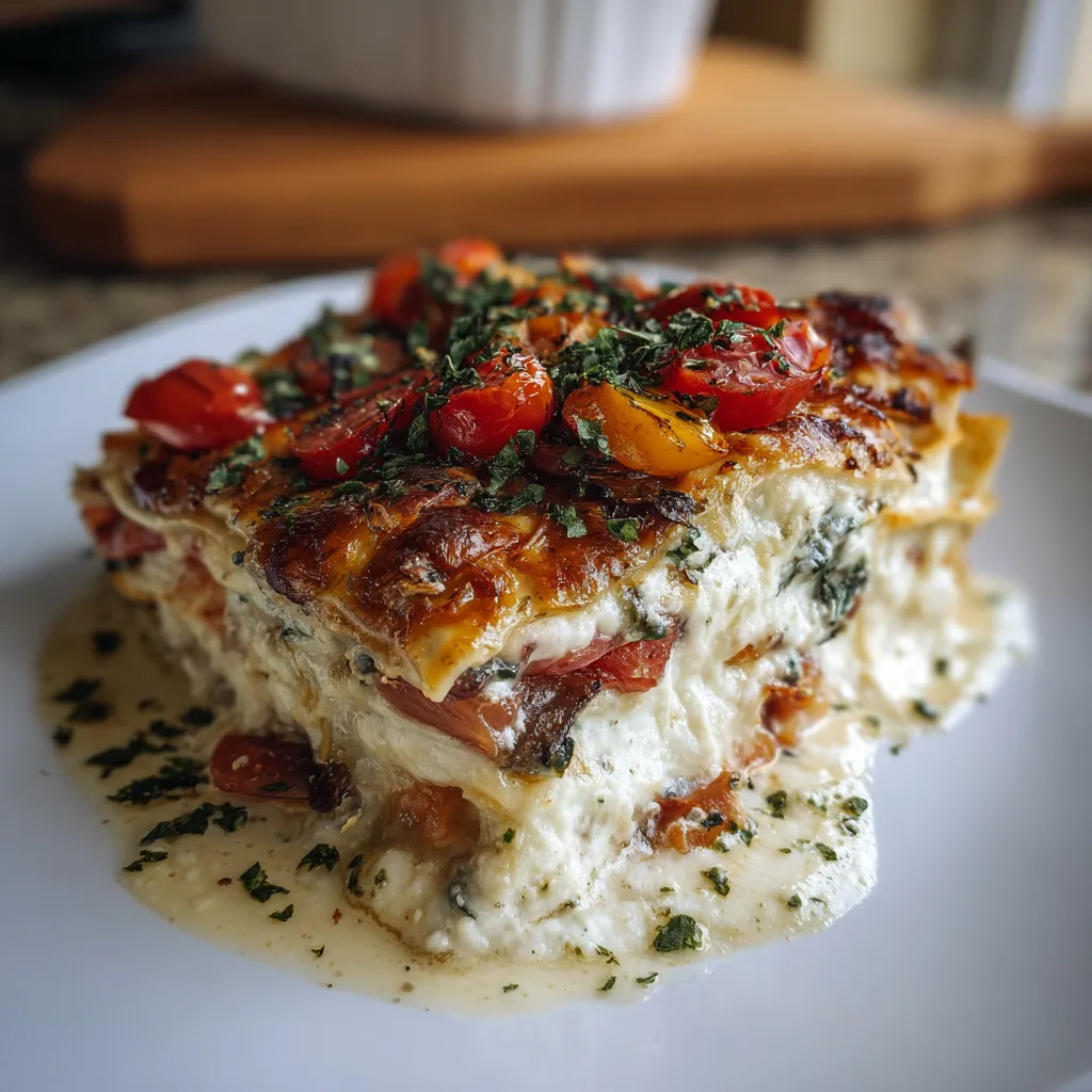 A close-up shot showcases the layers of a freshly baked Loaded Veggie White Lasagna, revealing the creamy white sauce and colorful vegetables.