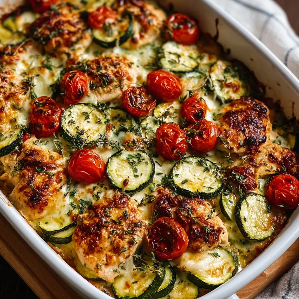 Close-up shot of a delicious Mediterranean Chicken Zucchini Bake, showcasing the tender chicken and vibrant vegetables.