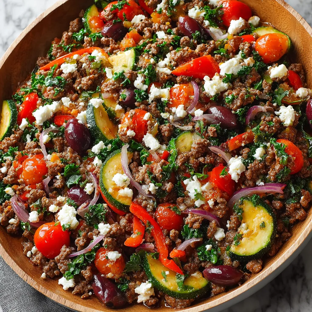 Close-up image showcases a delicious plate of Mediterranean Ground Beef Stir-Fry, highlighting the vibrant colors and textures of the dish.