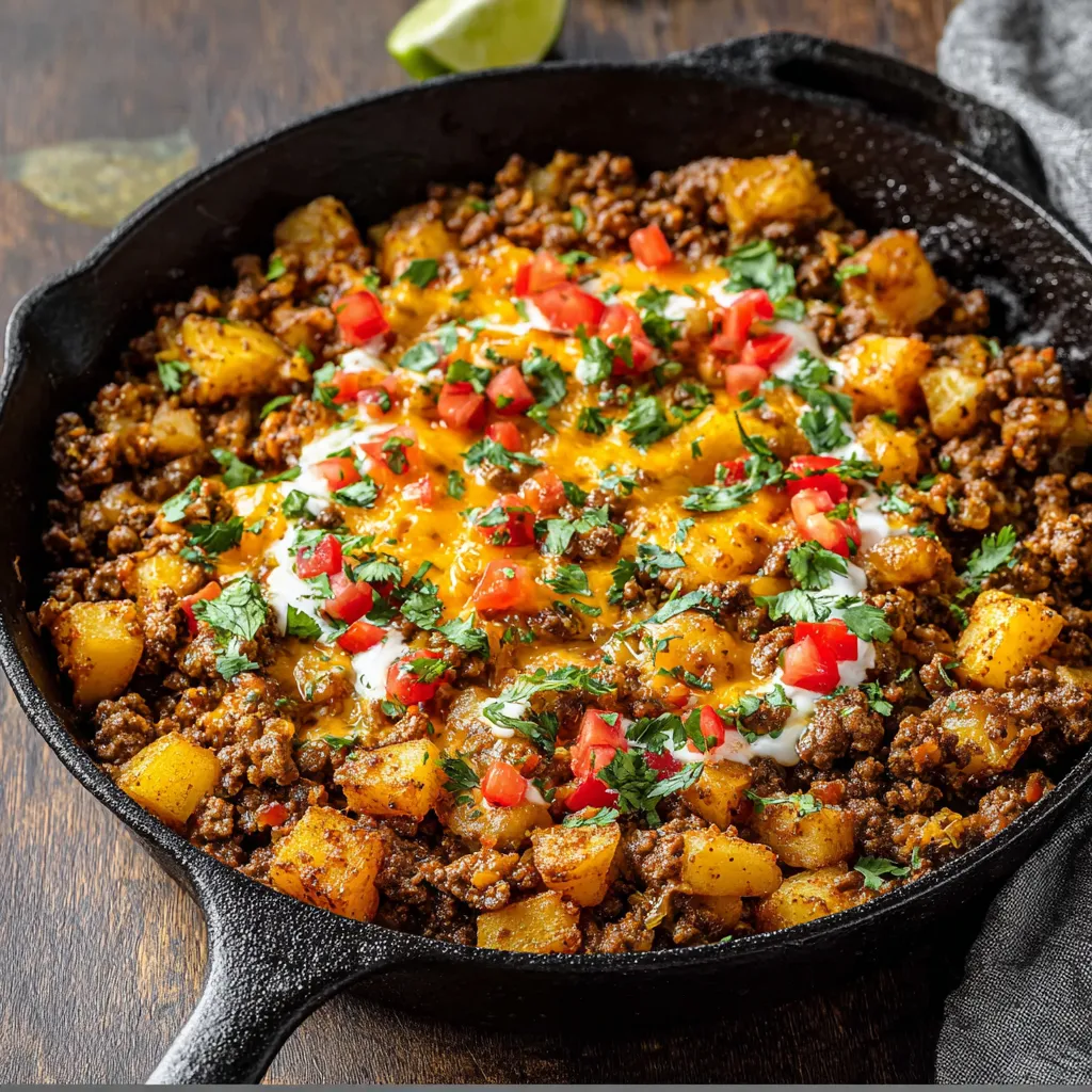 A close-up view showcases a flavorful Mexican Ground Beef and Potato Skillet, ready to be served.