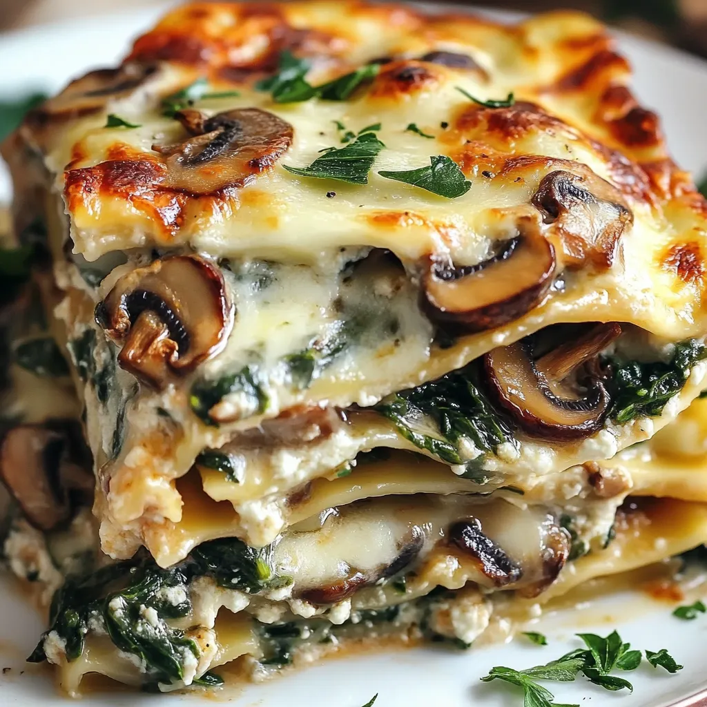 Close-up of a delicious slice of Mushroom And Spinach Lasagna showing layers of pasta, cheese, and vegetables.