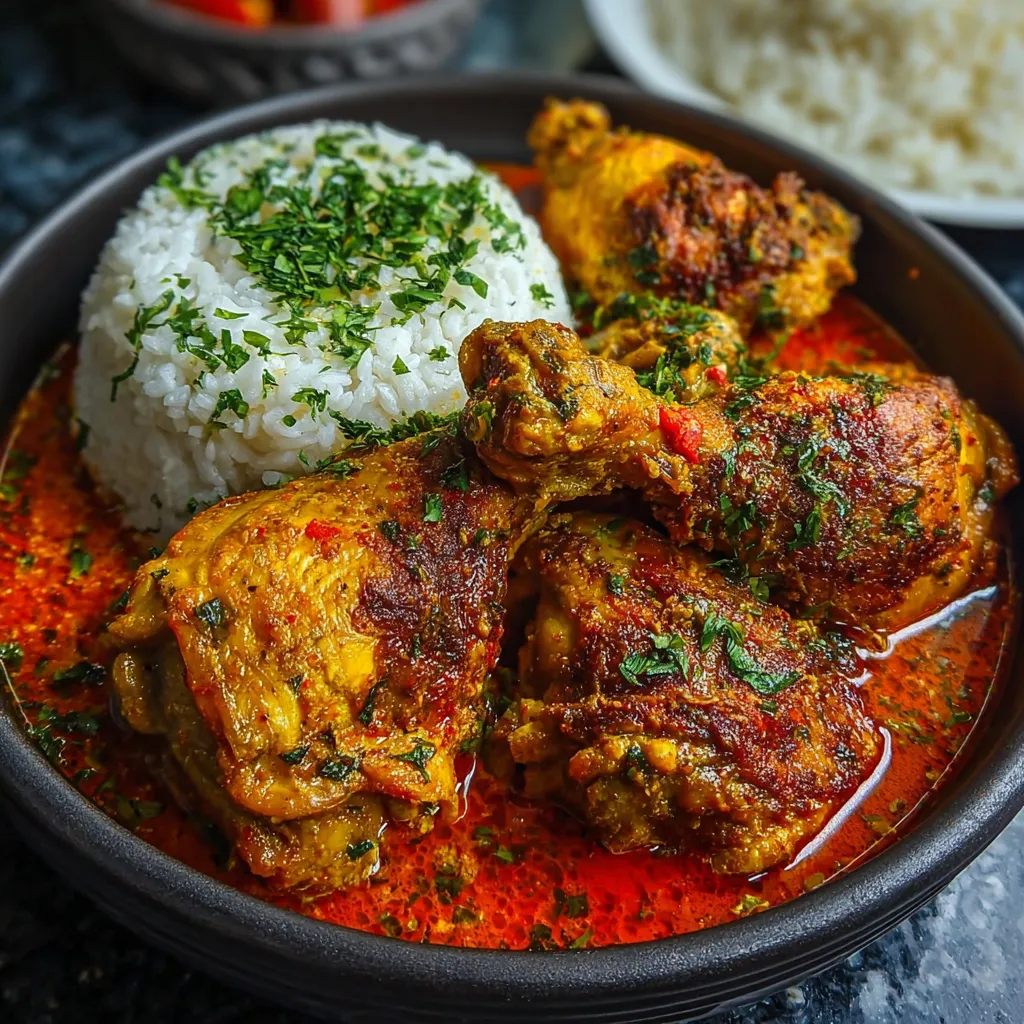 Close-up shot of flavorful Nigerian Chicken Stew, showcasing its rich color and texture.