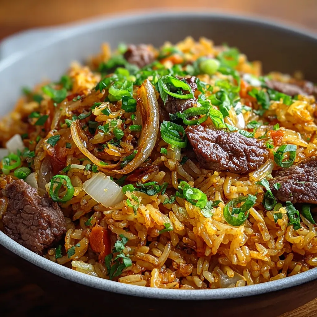 Close-up of delicious Onion Beef Fried Rice ready to be served.