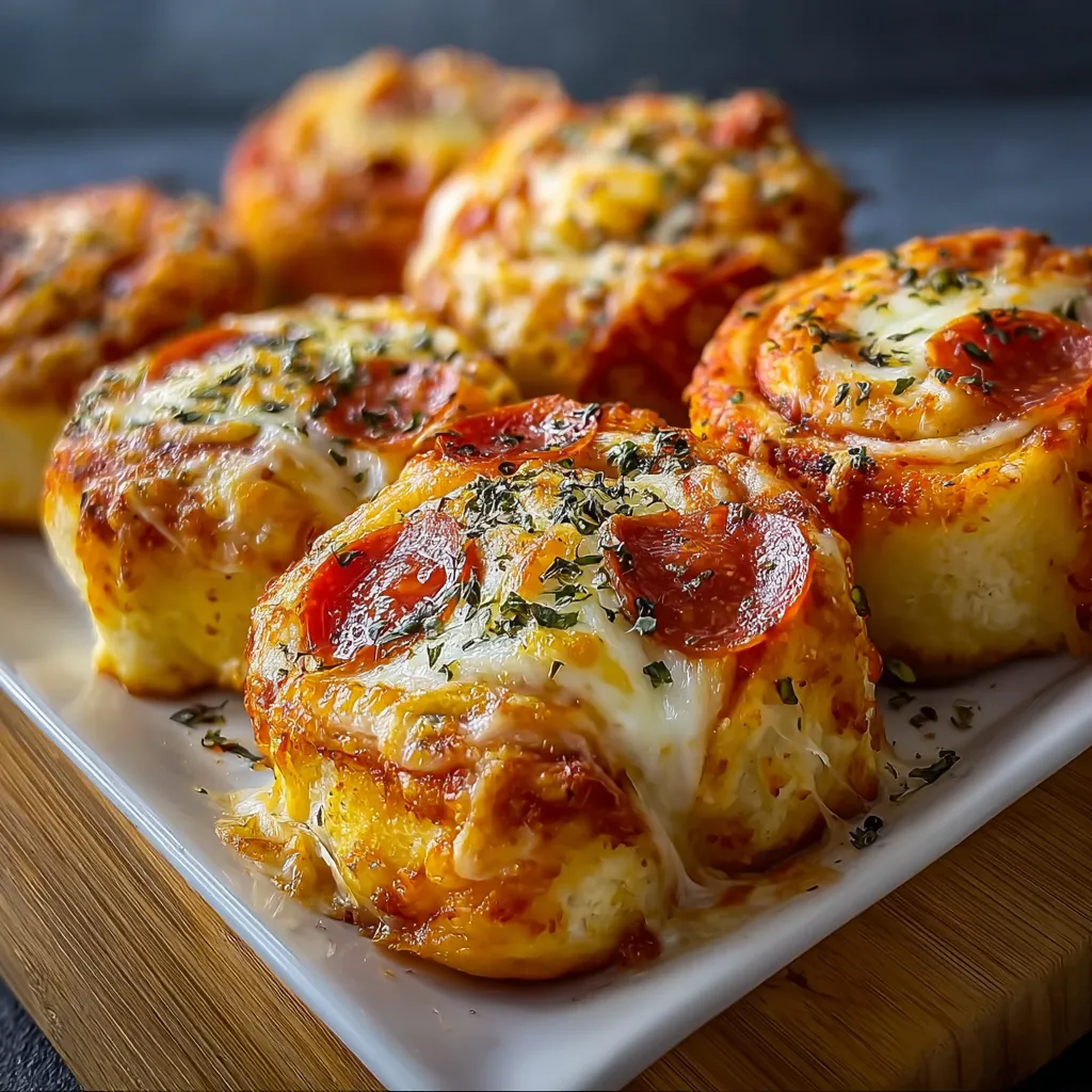 Close-up of golden-brown Pepperoni Pizza Rolls, showcasing their crispy exterior and melted cheese filling.