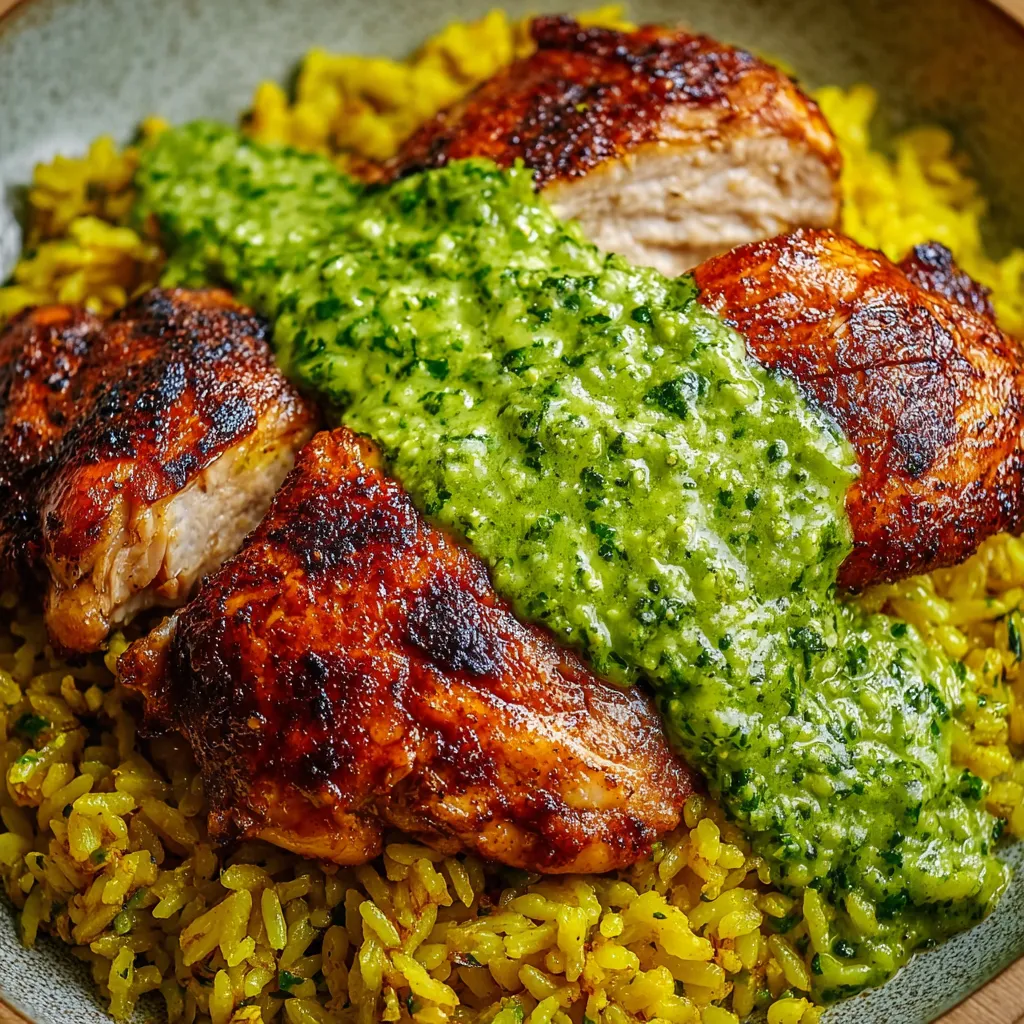 Close-up shows a delicious serving of Peruvian Chicken And Rice, a flavorful and colorful meal.