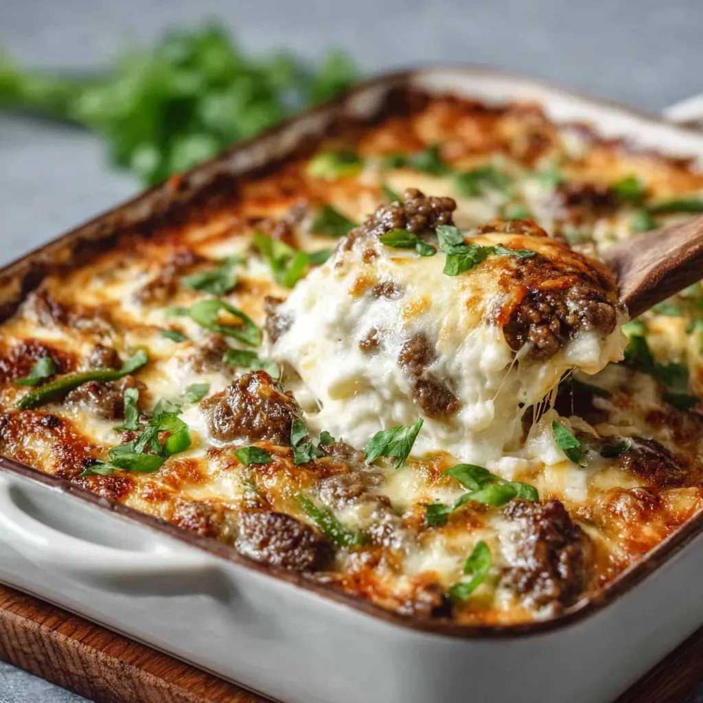 Close-up of a delicious, cheesy Philly Cheesesteak Casserole ready to be served.