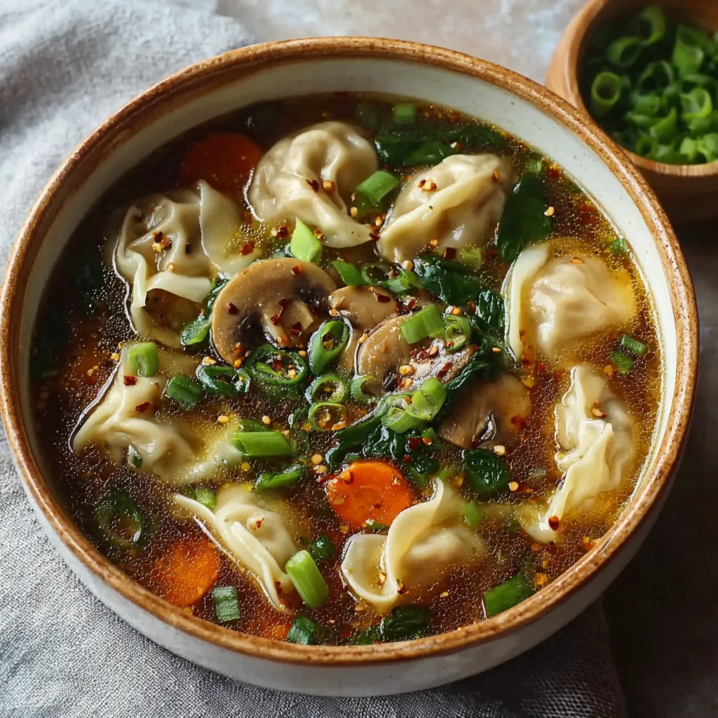 A close-up view showcases the delicious and comforting Potsticker Soup, highlighting the plump potstickers and flavorful broth.