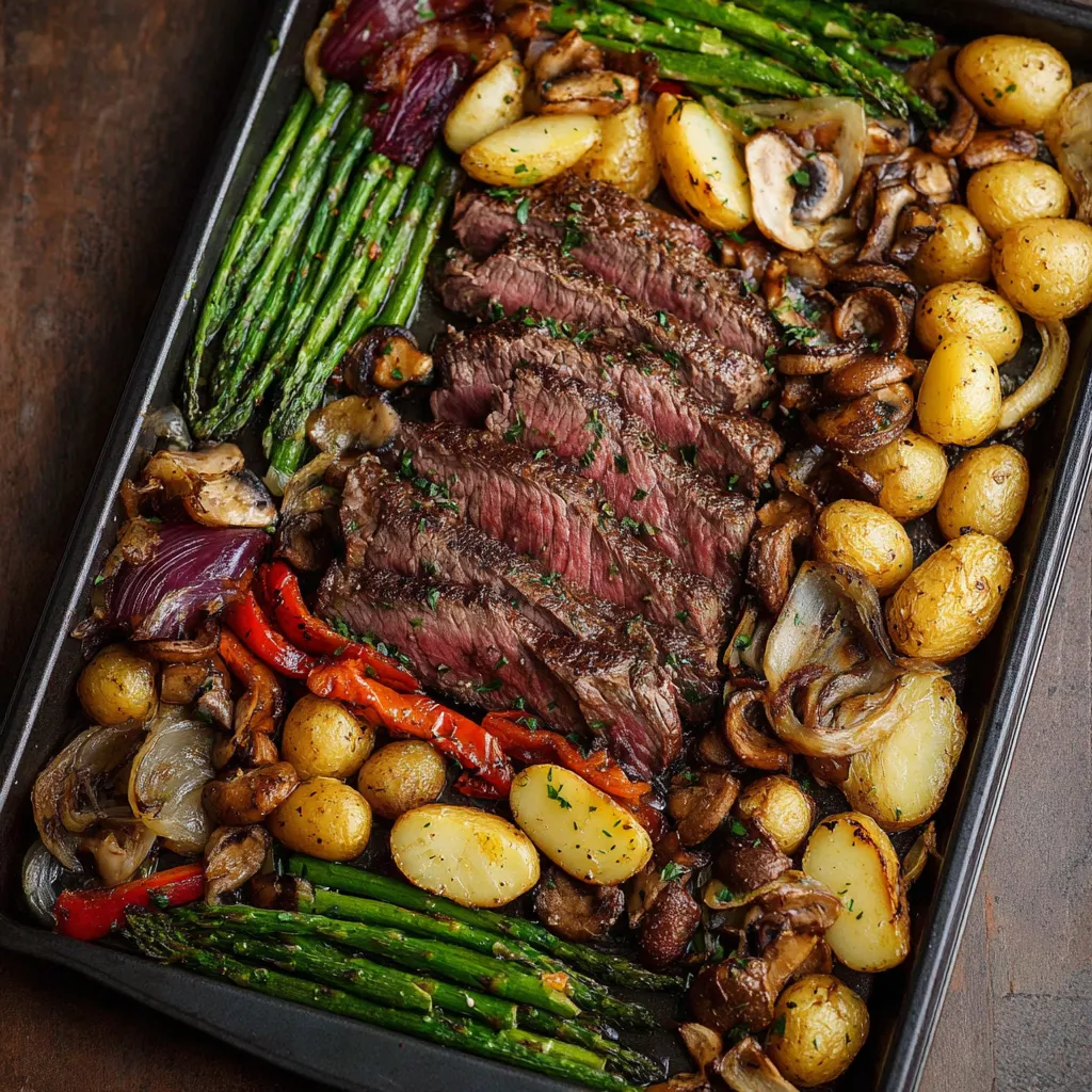Close-up of a freshly cooked Sheet Pan Steak And Veggies meal with vibrant steak slices and colorful roasted vegetables.