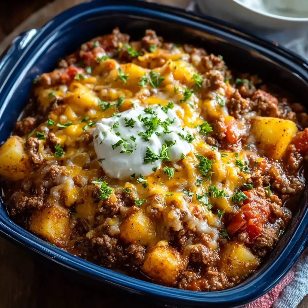 A close-up shows a delicious serving of Slow Cooker Cowboy Casserole, showcasing the layers of beef, beans, corn, and cheesy topping.