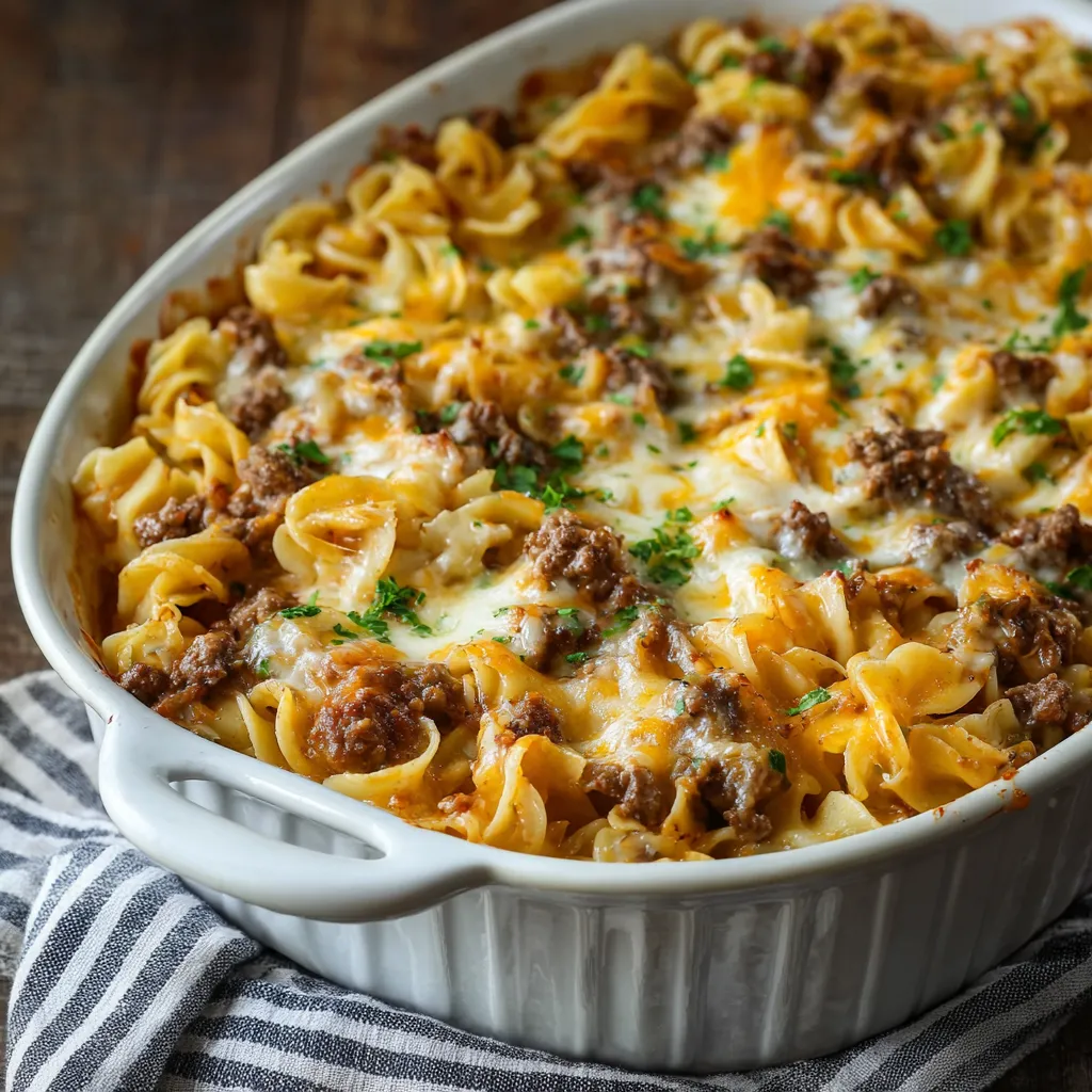Close-up shot of a freshly baked Sour Cream Beef Noodle Casserole, showcasing its golden-brown topping and creamy texture.