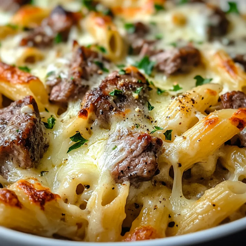 Close-up shot of a freshly baked Steak Truffle Gouda Pasta Bake, showcasing the creamy texture and melted cheese.