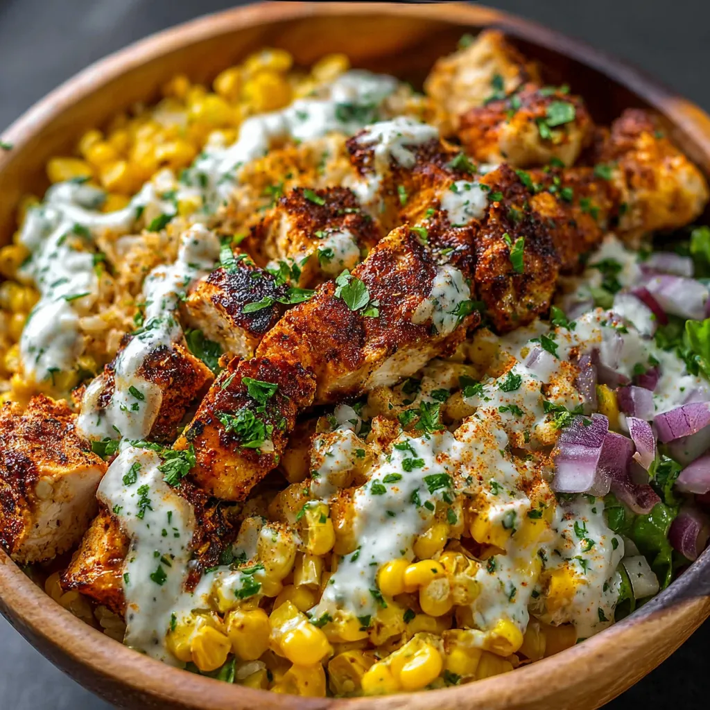 Close-up of a delicious Street Corn Chicken Bowl, showcasing its vibrant colors and textures.
