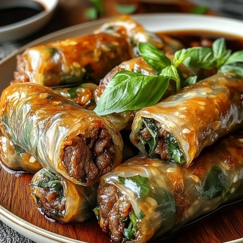 Close-up showing the fresh ingredients and vibrant colors of homemade Thai Basil Beef Rolls.