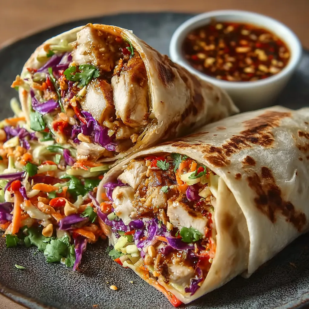 Close-up of a delicious Thai Chicken Wrap, perfect for a light and flavorful meal.