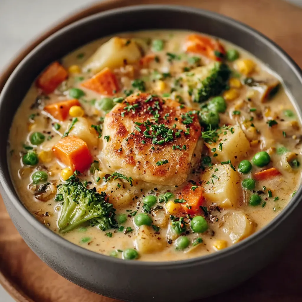Close-up of flavorful Veggie Pot Pie Soup in a rustic bowl, showcasing its chunky vegetables and creamy broth.