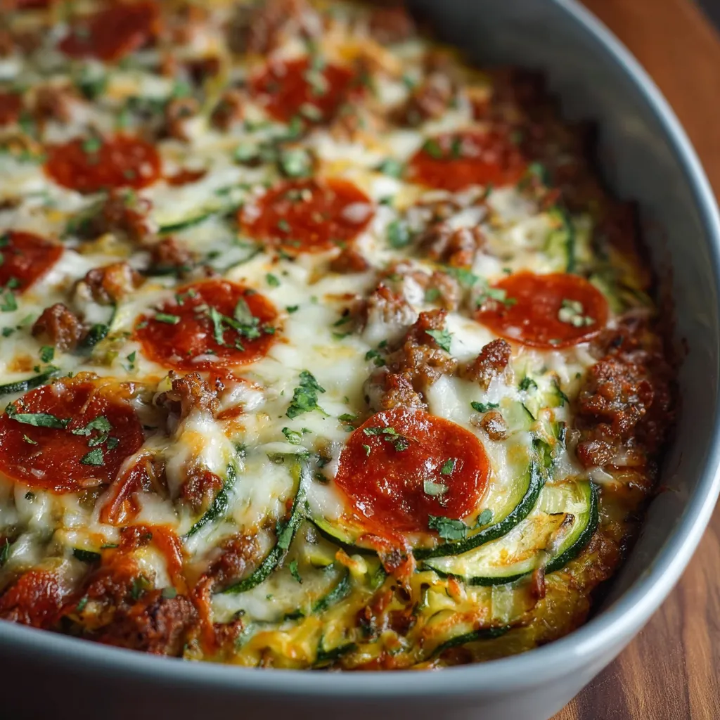 A close-up view showcases a bubbling, cheesy Zucchini Pizza Casserole, ready to be served.