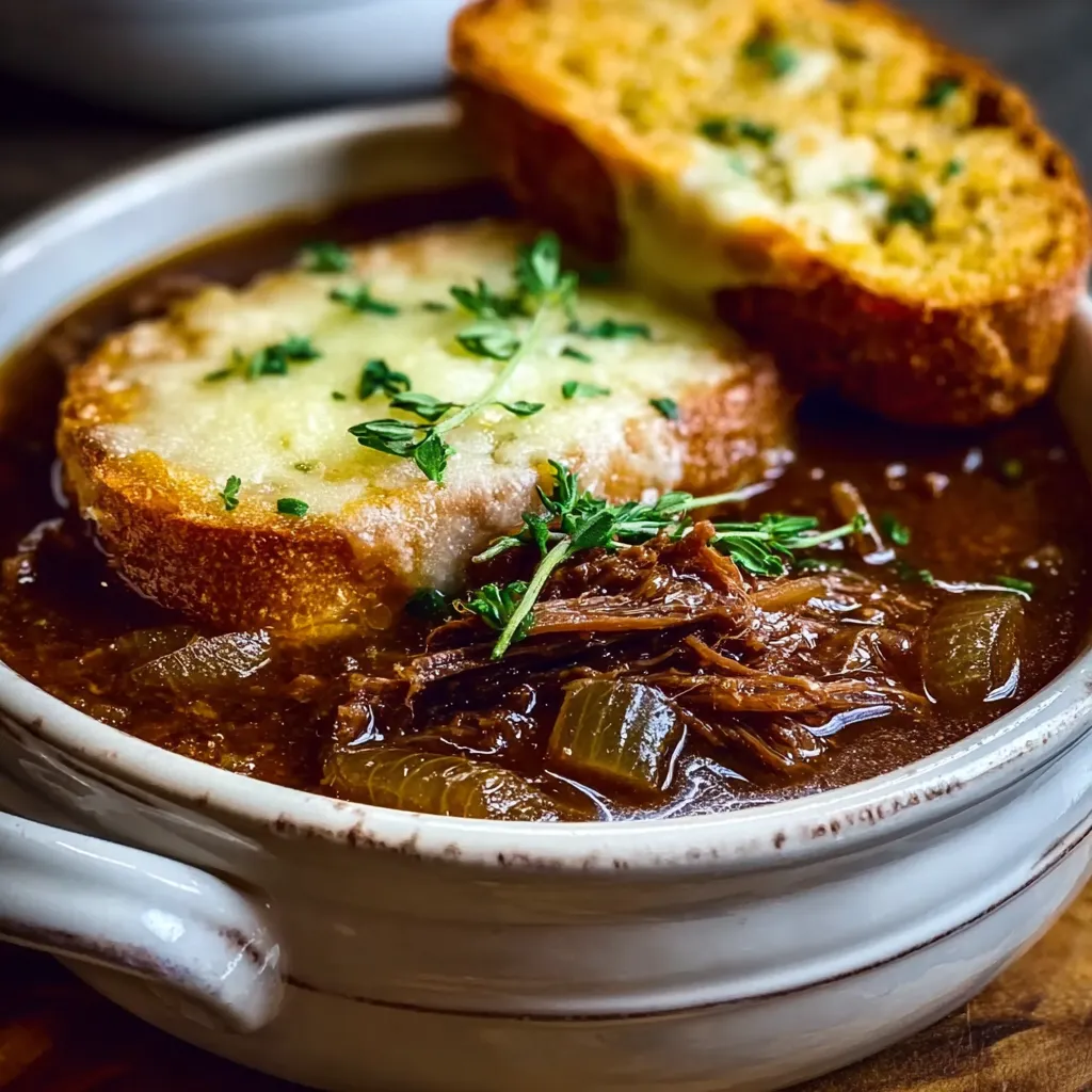 Close-up of rich and flavorful French Onion Beef Short Rib Soup, showcasing the tender beef and caramelized onions.