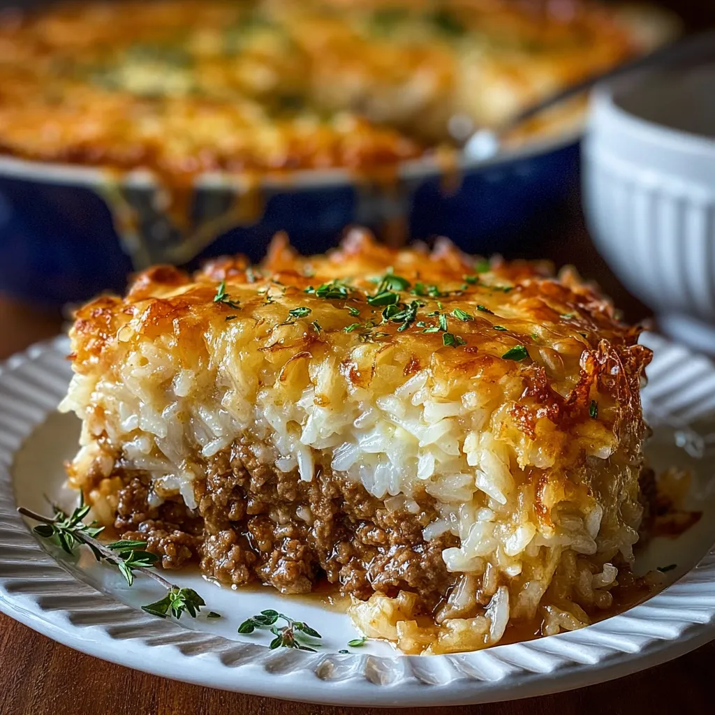 Close-up view of a freshly baked French Onion Ground Beef Rice Casserole, showcasing its bubbly cheese topping and savory layers.