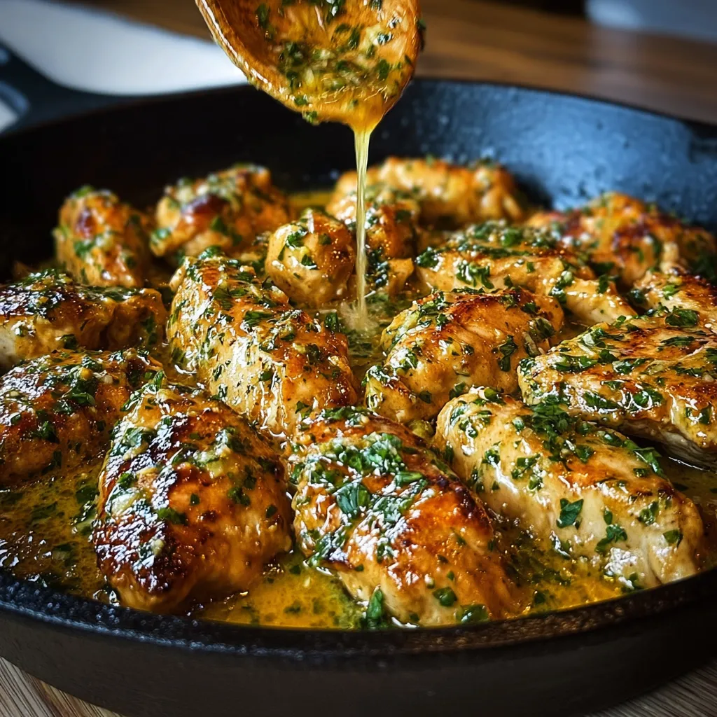 Close-up shot of a delicious Garlic Butter Chicken Skillet, showcasing the golden-brown chicken and rich, buttery sauce.