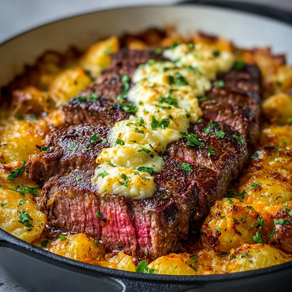 Close-up showing the delicious Garlic Butter Steak & Cheddar Potato Bake, ready to serve.