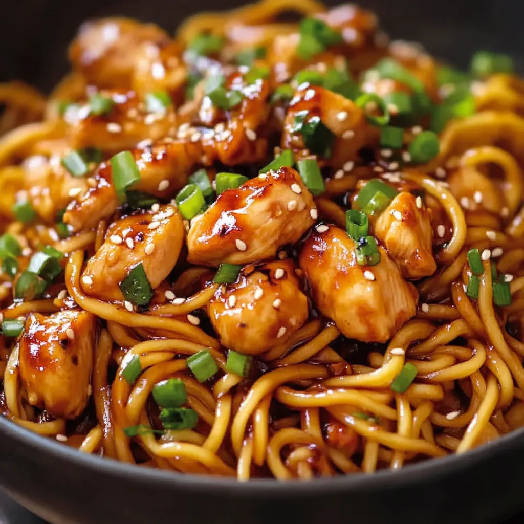 Close-up of savory Garlic Chicken Noodles, showcasing the chicken and garlic sauce.