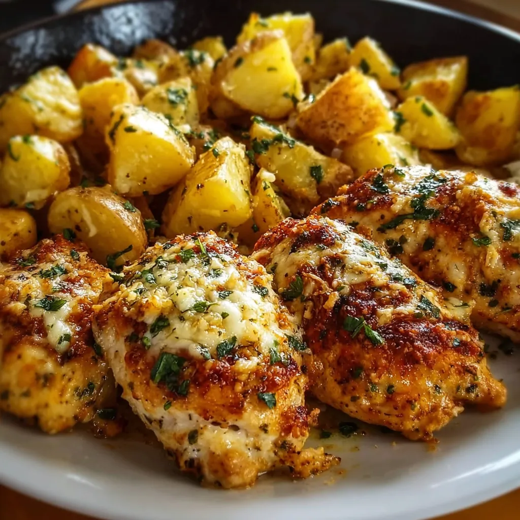 Close-up shot of Garlic Parmesan Chicken and Potatoes, showcasing the golden-brown chicken and crispy potatoes with a creamy parmesan garlic sauce.