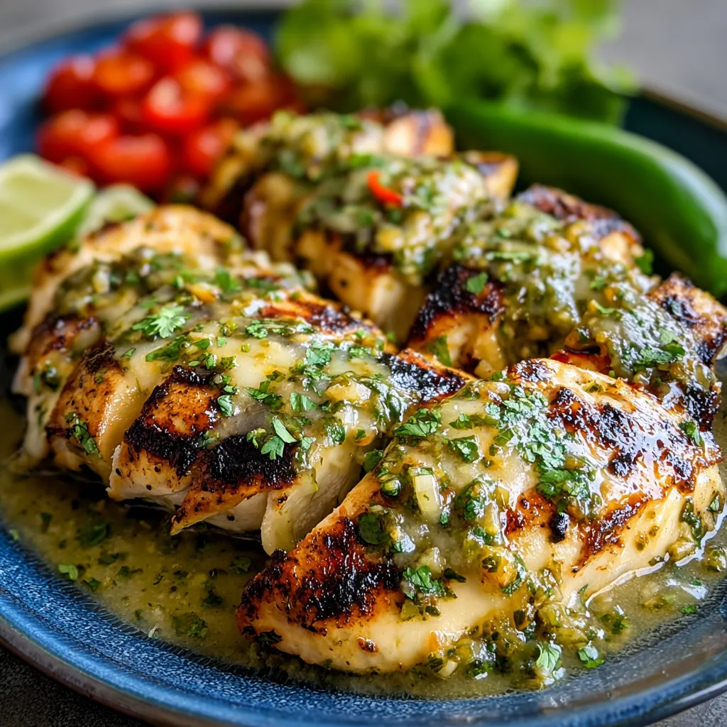Grilled Salsa Verde Pepper Jack Chicken, featuring a juicy grilled chicken breast topped with melted pepper jack cheese and vibrant salsa verde.