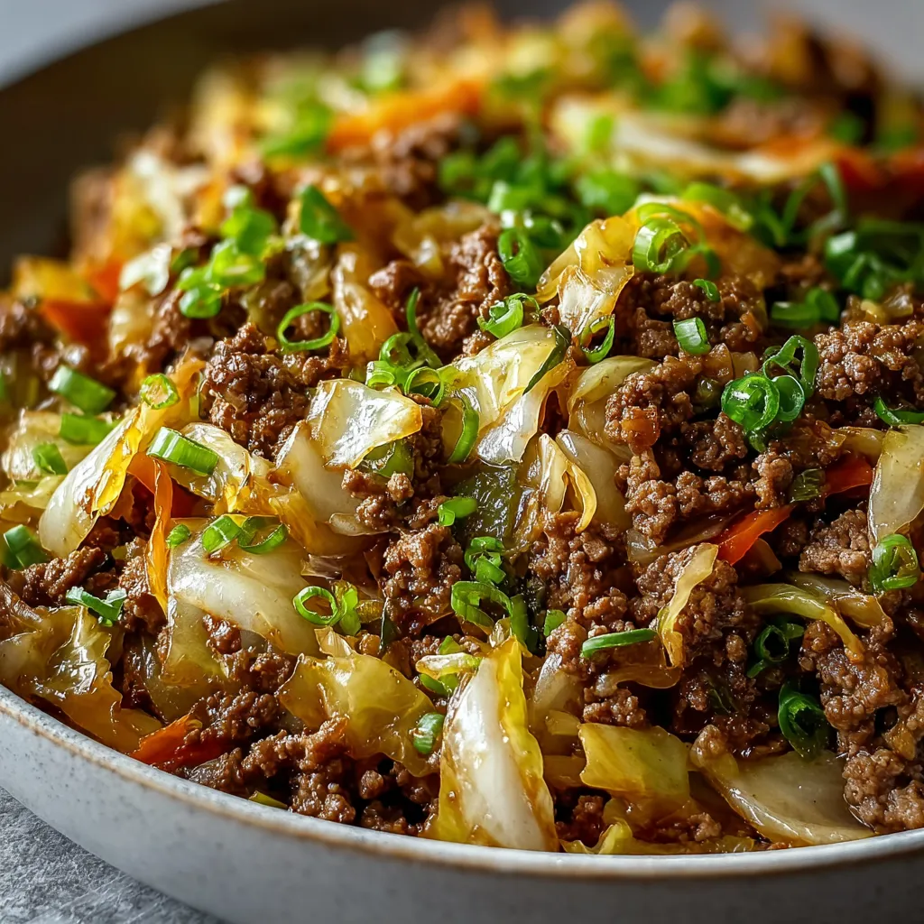 Close-up shot showcasing a delicious serving of Ground Beef And Chopped Cabbage, highlighting the textures and colors of the dish.