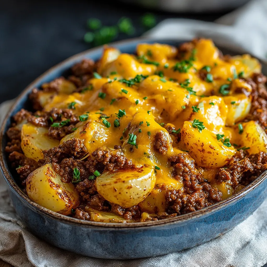 A close-up shot showcasing a delicious skillet of seasoned Ground Beef And Potatoes, perfect for a hearty meal.