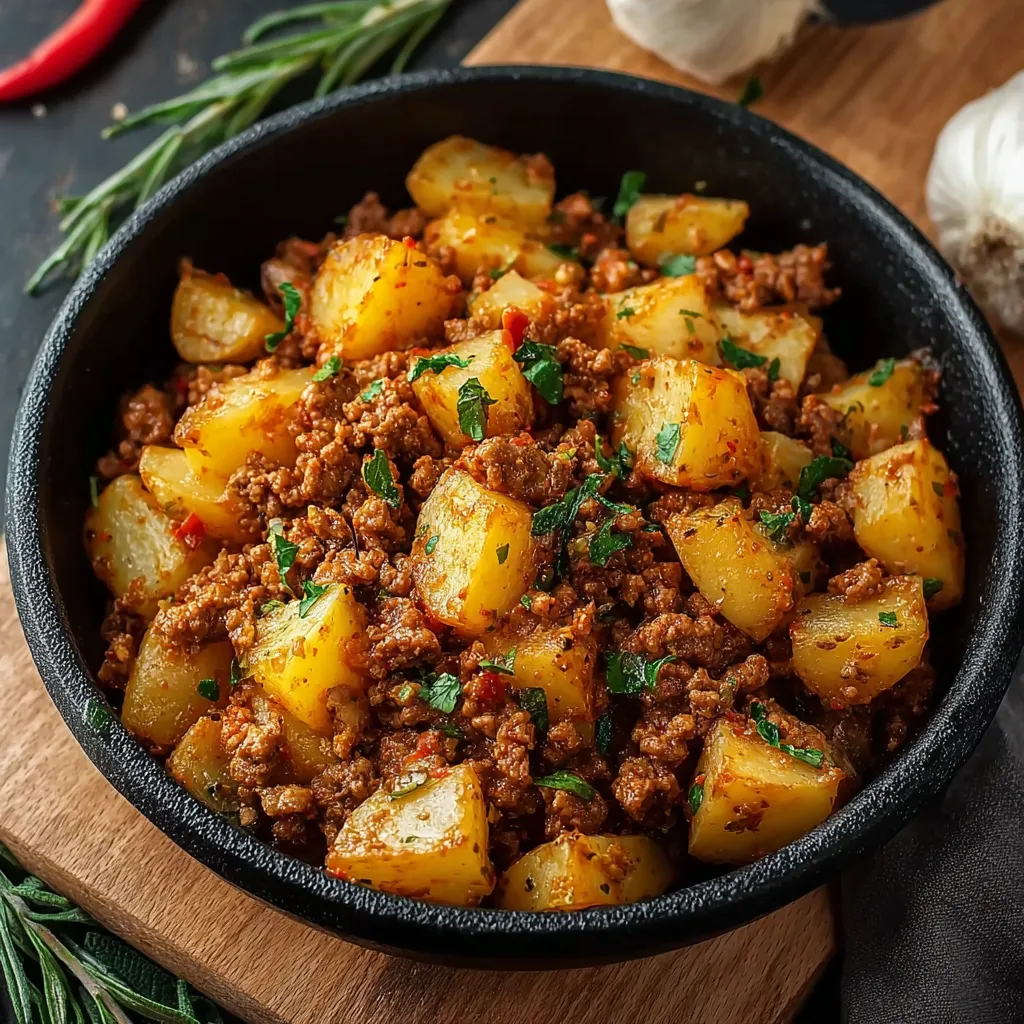 A close-up shot showcases a delicious serving of Ground Turkey With Potatoes, ready to be enjoyed.