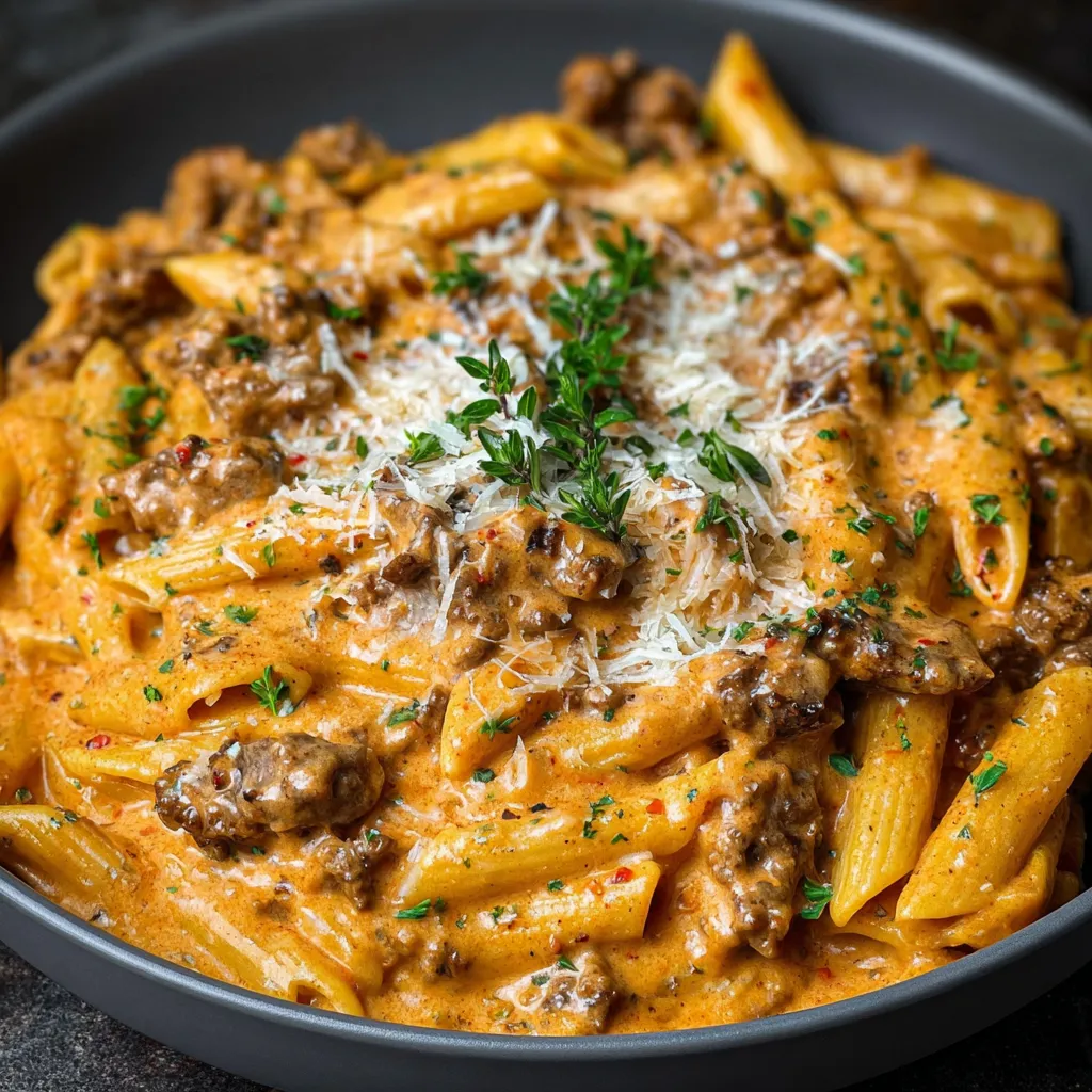 Close-up shot of a hearty serving of High Protein Beef Pasta, showcasing the texture of the pasta and the rich beef sauce.