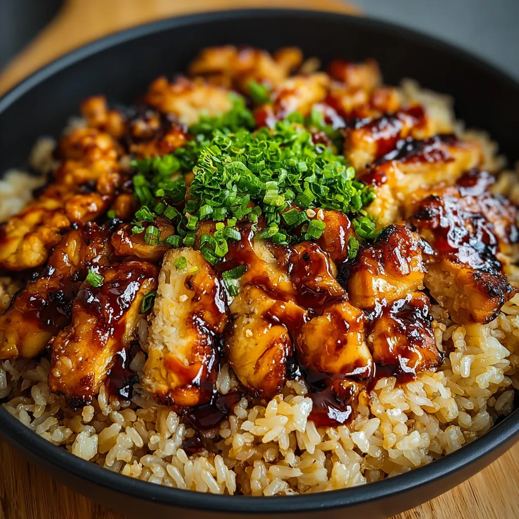 Close-up shot of delicious Honey BBQ Chicken Rice, showcasing the glazed chicken and fluffy rice.