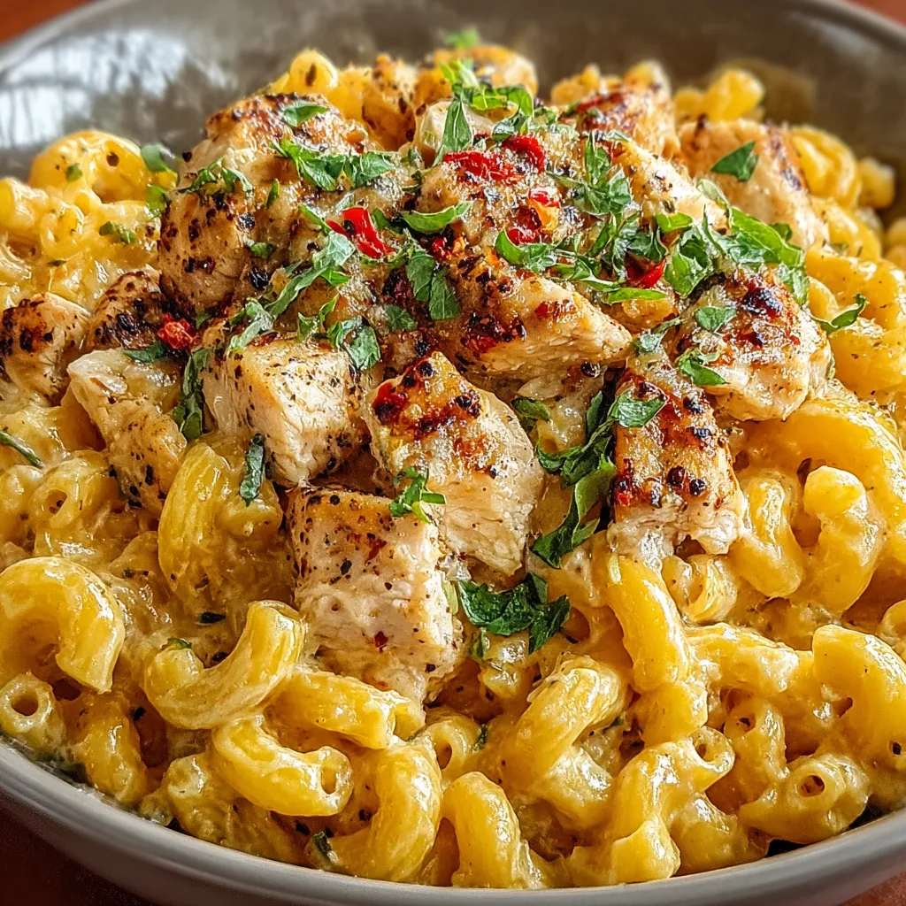 Close-up shot showcasing the creamy texture and flavorful ingredients of homemade Honey Pepper Chicken Mac and Cheese.