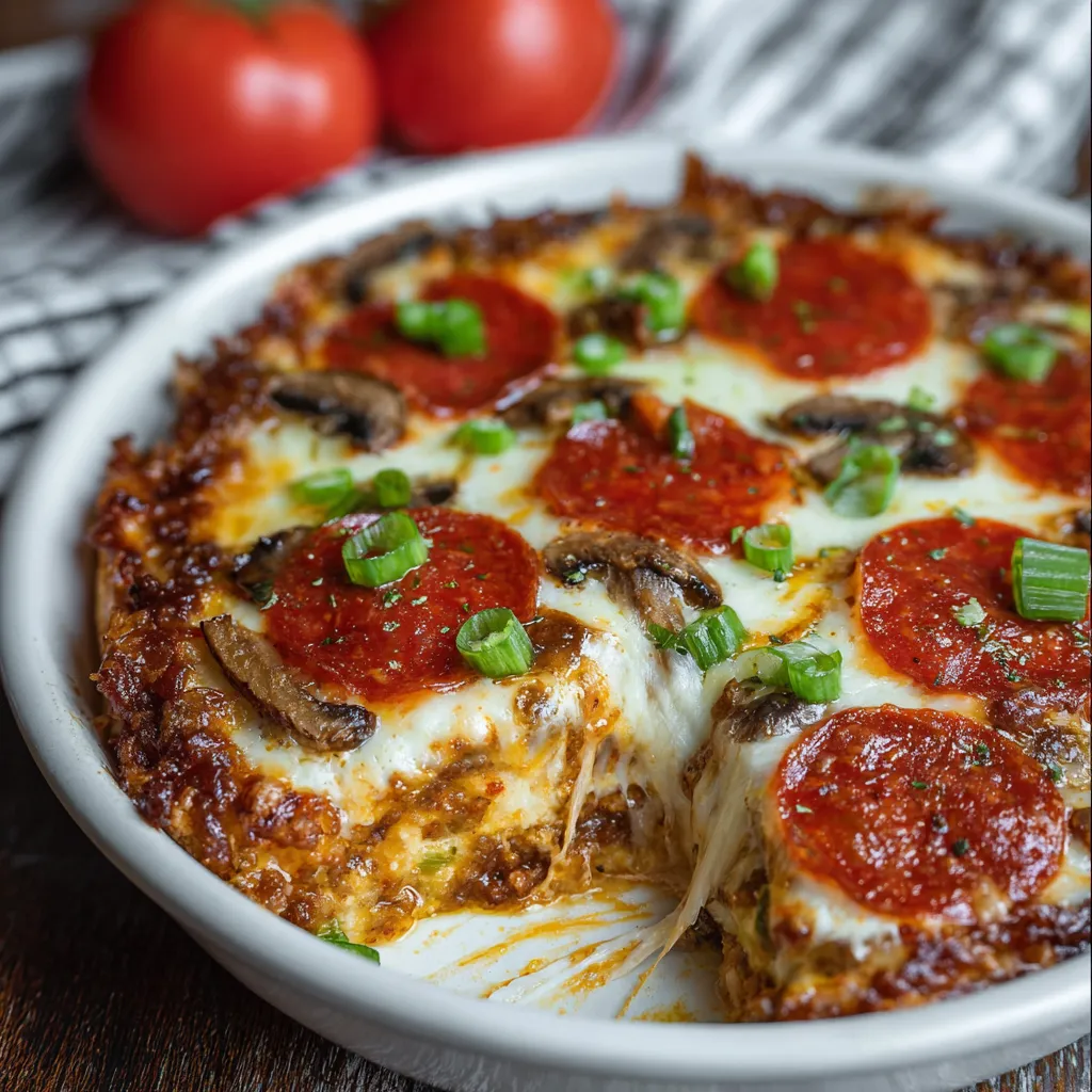 Close-up view of a freshly baked Low Carb Pizza Casserole, showcasing the melted cheese and pepperoni topping.