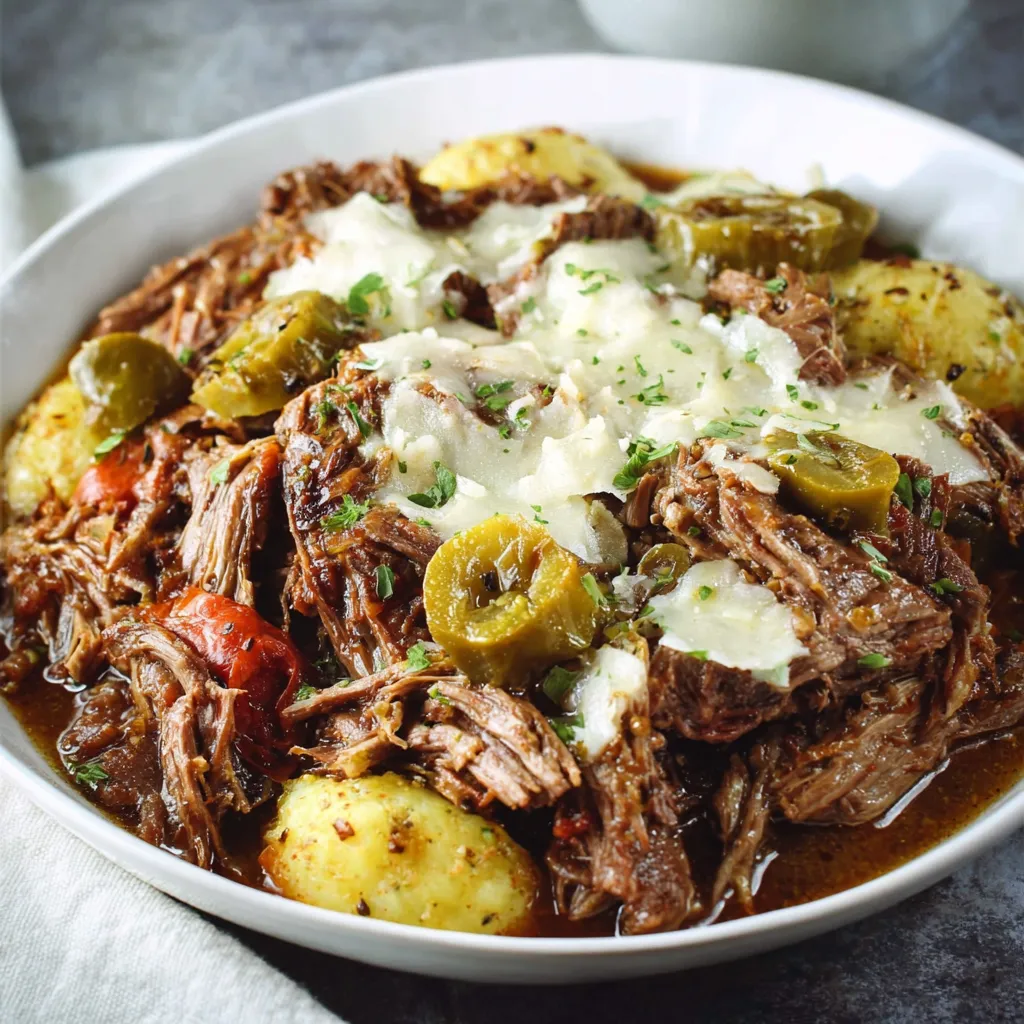 Close-up view of the juicy, shredded Low Carb Slow Cooker Italian Beef Tastiest Dinner Recipe, ready to be served.