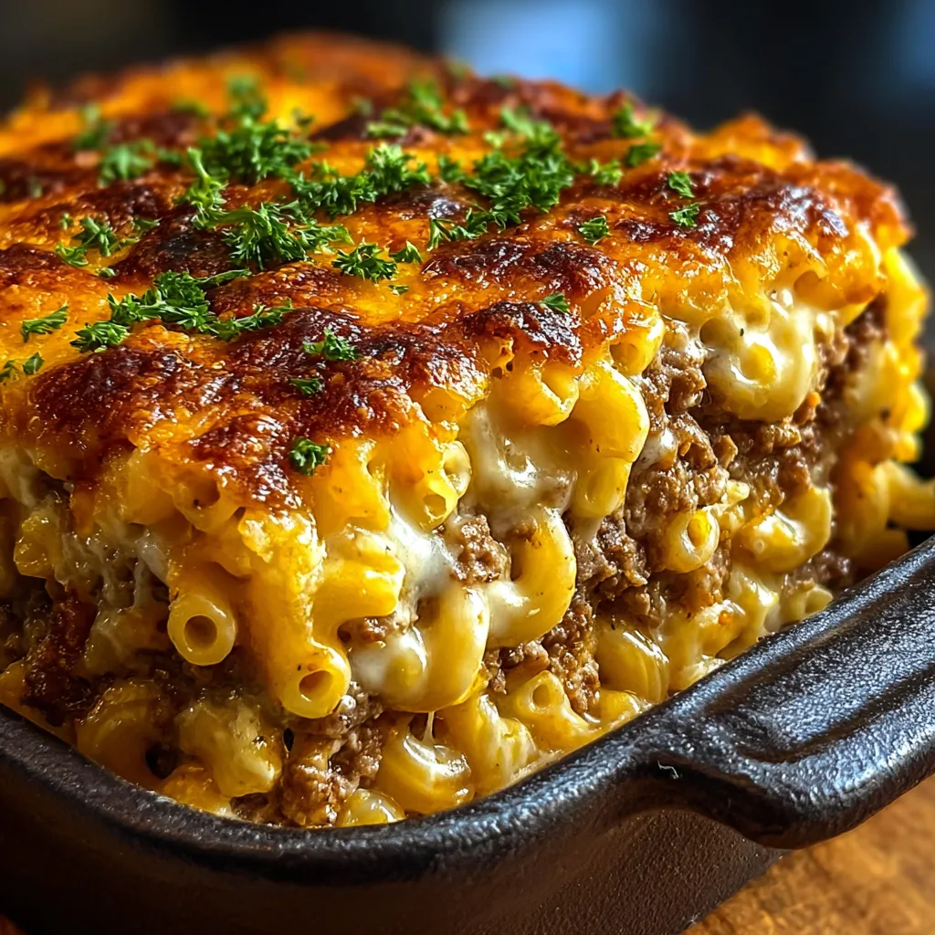 A close-up shot showcases a delicious serving of Mac and Cheese Meatloaf Casserole, fresh from the oven.