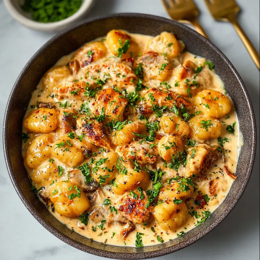 Close-up view of creamy Marry Me Chicken Gnocchi, showcasing the rich sauce and tender chicken pieces.