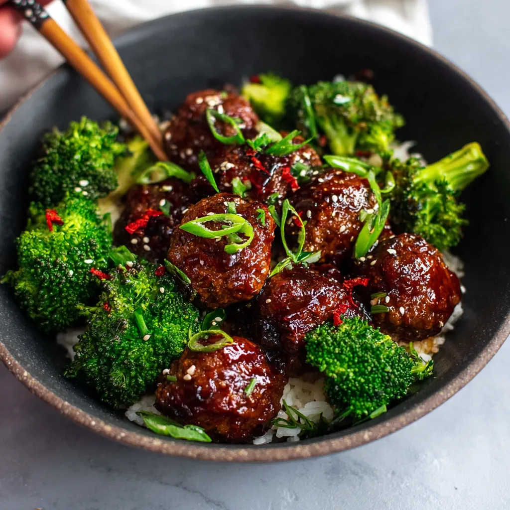 A close-up shot showcases the flavorful Mongolian Meatballs and Broccoli dish, highlighting the tender meatballs and vibrant green broccoli florets.