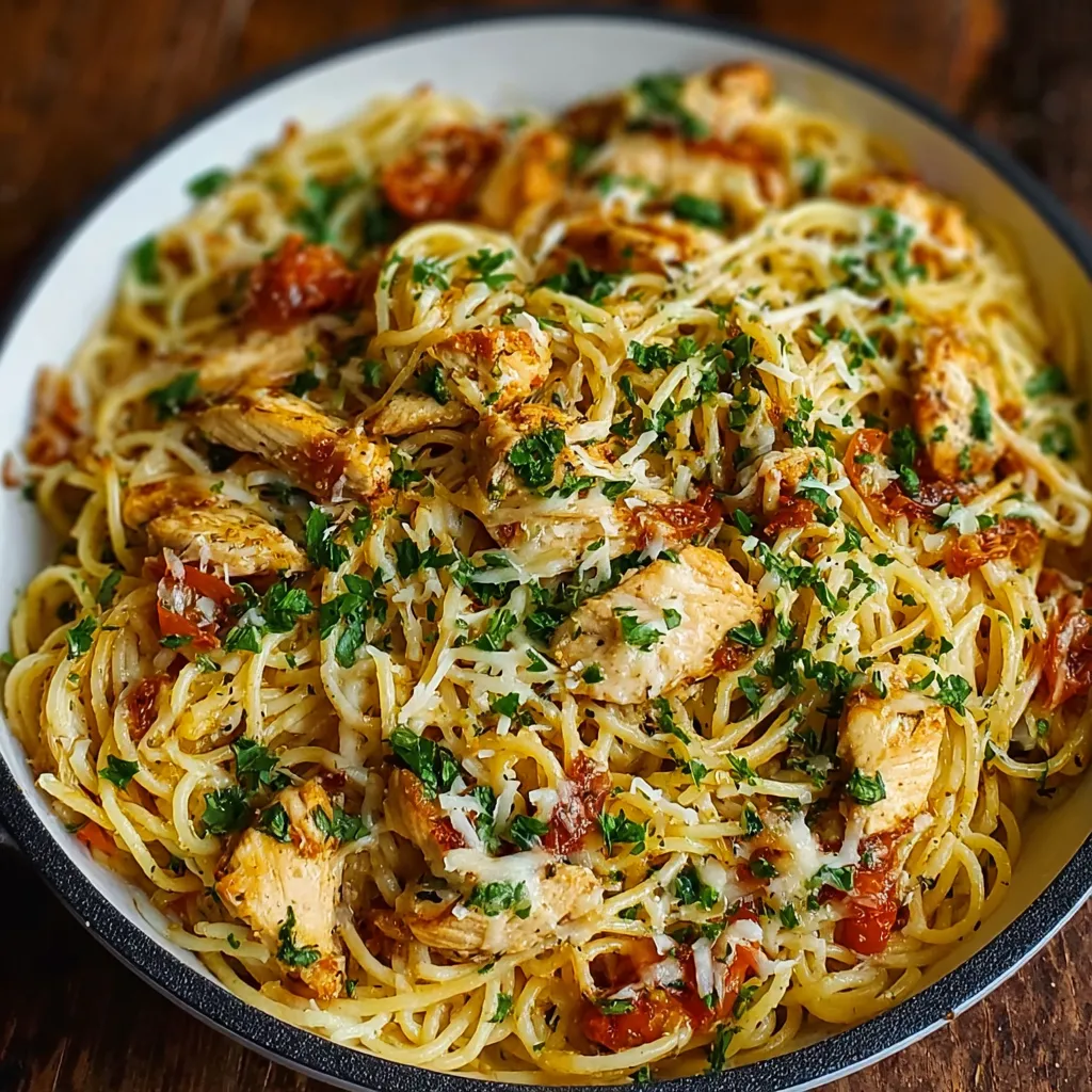 Close-up of cheesy Monterey Chicken Spaghetti, showcasing the creamy sauce and tender chicken.