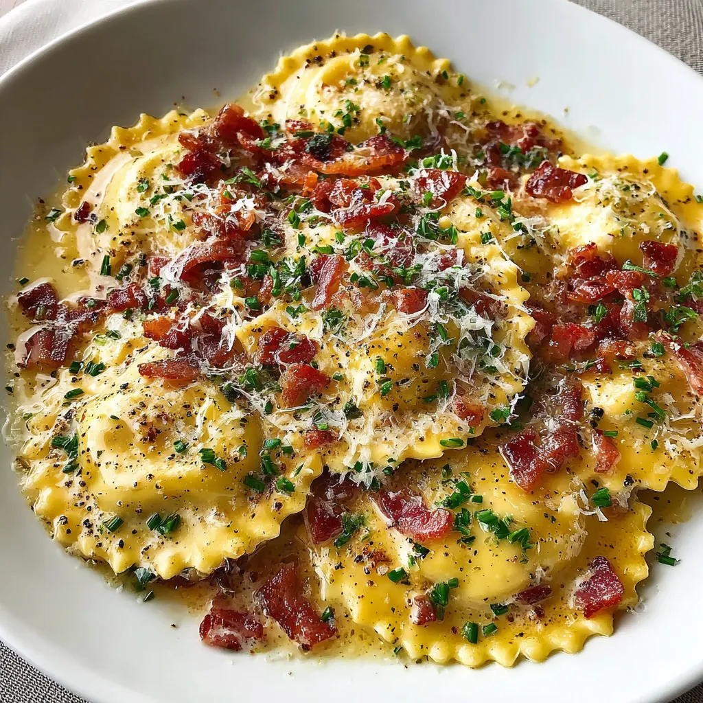 A close-up shot showcasing the creamy sauce and cheese-filled ravioli in Olive Garden Ravioli Carbonara.