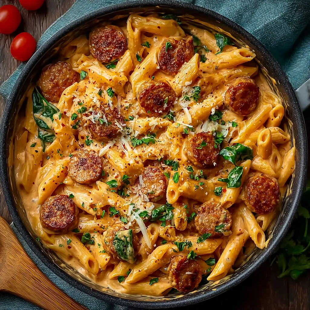 Close-up shot of a delicious bowl of One Pot Creamy Cajun Sausage Pasta, showcasing the creamy sauce and perfectly cooked sausage.