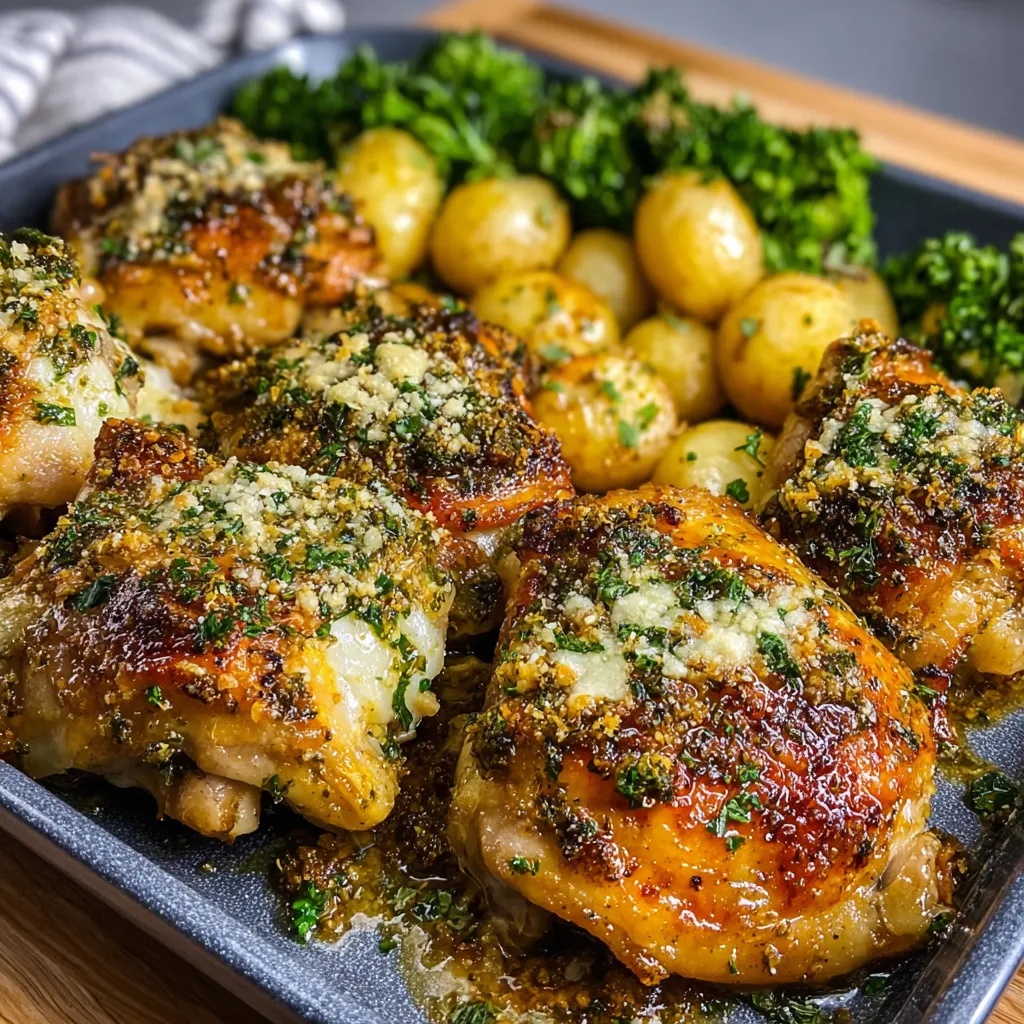 A close-up shot showcases juicy Parmesan Garlic Chicken Thighs, cooked to golden perfection.