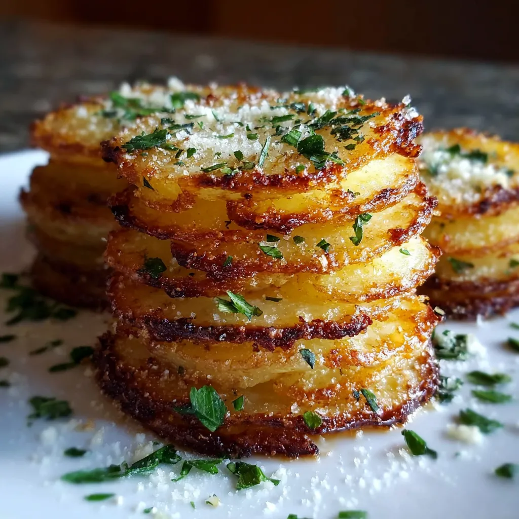 Close-up view of freshly baked Parmesan Potato Stacks, showcasing their golden brown tops and layered texture.