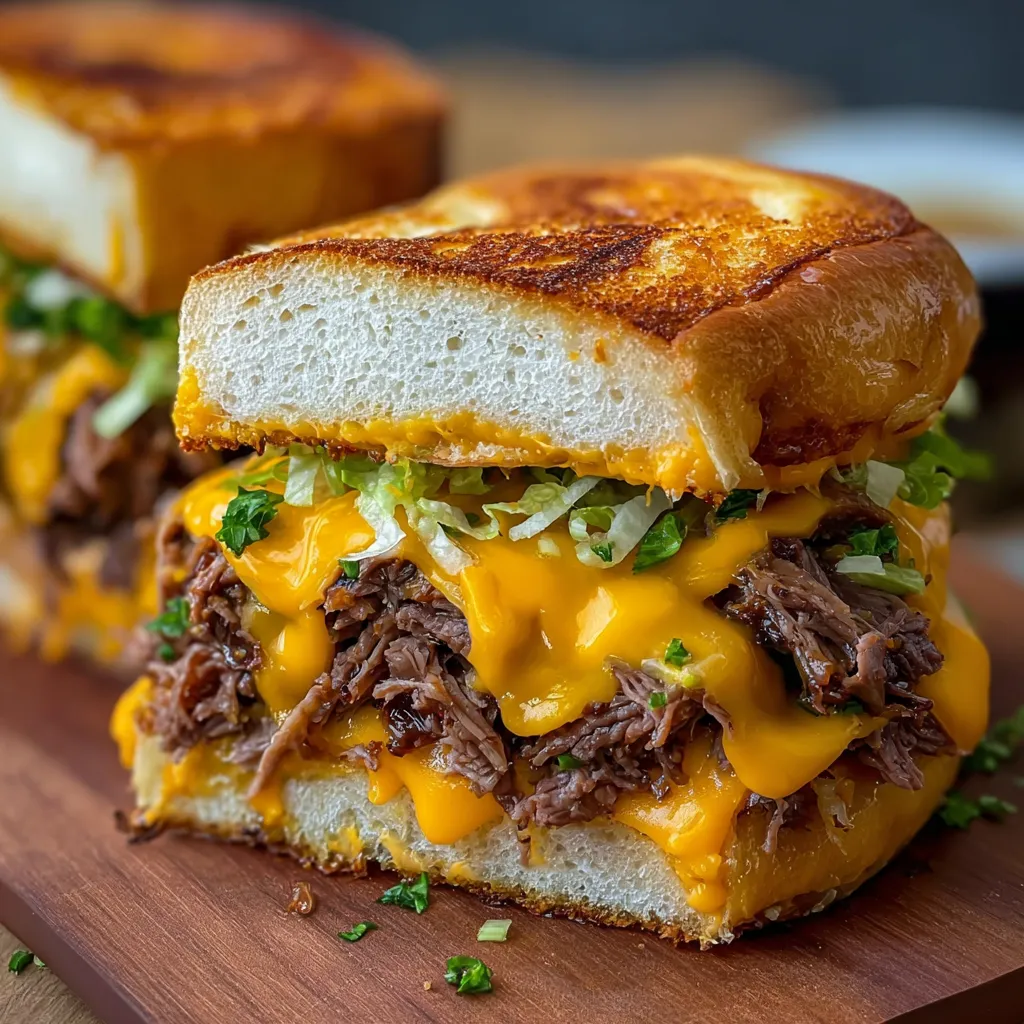A close-up shows juicy Beef Cheddar Sandwiches, highlighting the melted cheese and tender beef.