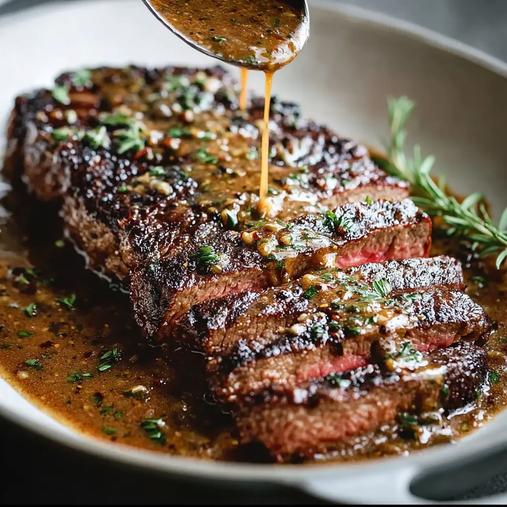 Close-up shot of a perfectly cooked Bourbon Steak, showcasing its juicy interior.