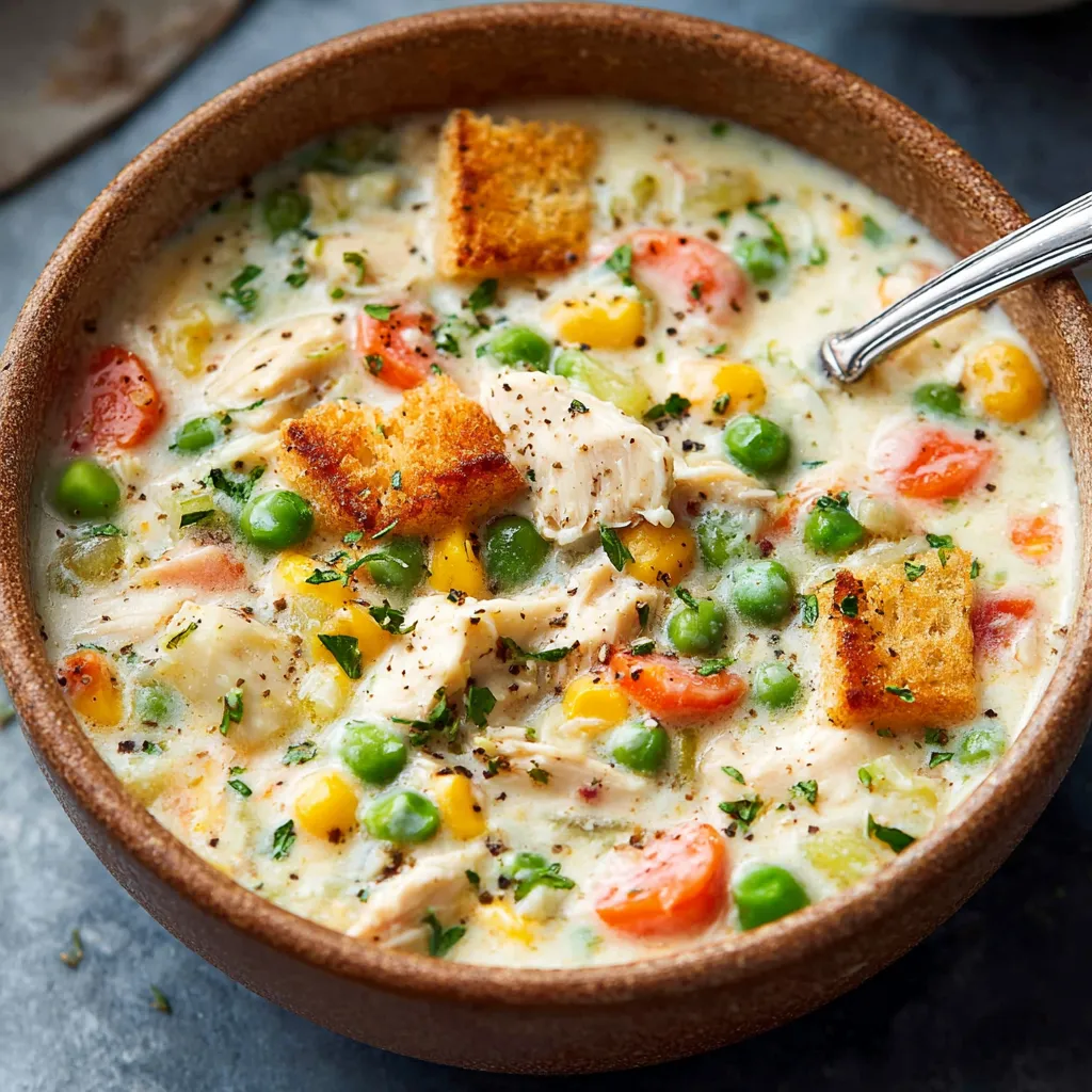 Close-up of creamy Chicken Pot Pie Soup in a bowl, showcasing its rich texture and savory ingredients.